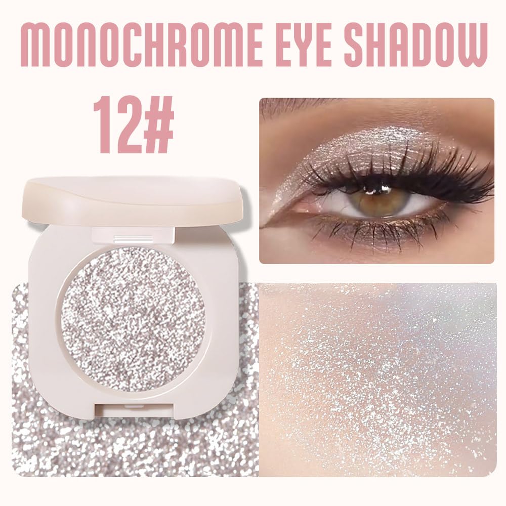 Monochrome Glittler Shimmer Eyeshadow Palette,Silver Gray White Shimmer Powder Eyeshadow,24 Hour Waterproof Pressed Glitter Single Eye Shadow Apply Makeup Easily-Velvo Beauty