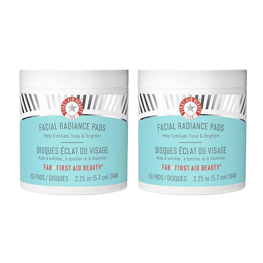 First Aid Beauty – Facial Radiance Pads with Glycolic & Lactic Acids, Daily Exfoliating with AHA that Helps Tone & Brighten Skin, Makeup Prep Pads, Compostable for Daily Use, 60 Count, 2ct-Velvo Beauty