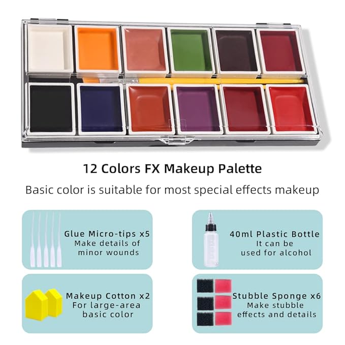 12 Colors Alcohol Activated Makeup Palette Set with Mimic Wound Sponge Makeup Egg for SFX Makeup Halloween Makeup-Velvo Beauty