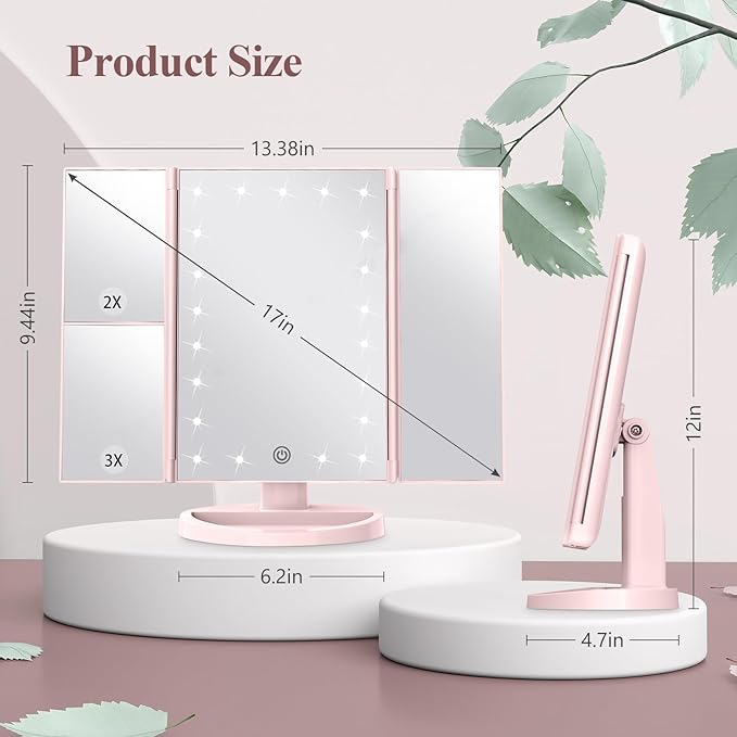HUONUL Makeup Mirror Vanity with Lights, 2X 3X 10X Magnification, Lighted Mirror, Touch Control, Trifold Dual Power Supply, Portable LED Women Gift (Pink)-Velvo Beauty