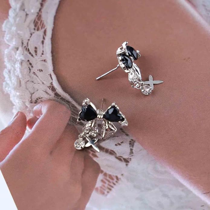 Vintage Crystal Bow Earrings Black Onyx Stud Earrings Silver Tiny Cross Drop Earrings Sparkly Cz Rhinestone Bow Earrings Jewelry for Women-Velvo Beauty
