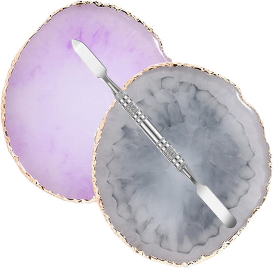 2 Pcs Resin Nail Palette Nail Polish Palette Nail Art Palette with Stainless Stirring Rod (Gray and Purple)-Velvo Beauty