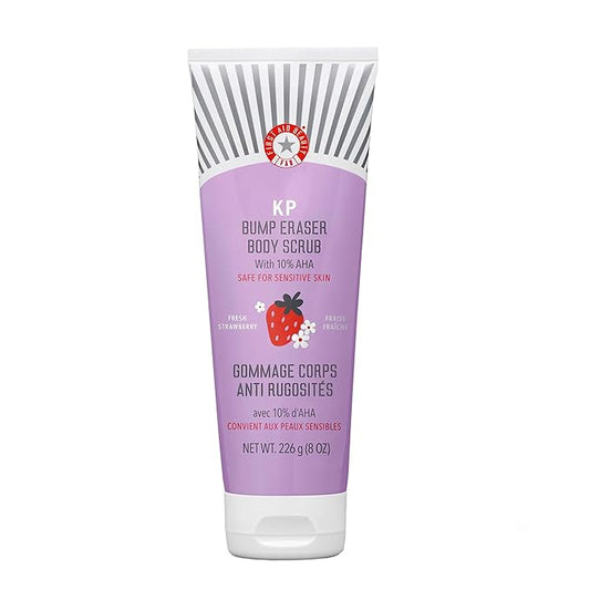 First Aid Beauty - KP Bump Eraser Body Scrub with 10% AHA, Keratosis Pilaris Exfoliator with Glycolic and Lactic acids, Helps Reduce Chicken Skin Bumps, Safe for Sensitive Skin, Strawberry Scent, 8 oz-Velvo Beauty