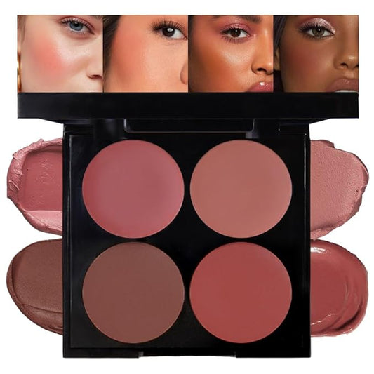 Matte Blush Cream Quads Makeup Palette, Blushes for Older Women Lip and Cheek Dual Blush Palette, Natural Lasting Pinkish Light Peach Light Brown and Orange Red, Paleta de rubor 4 colores-Velvo Beauty