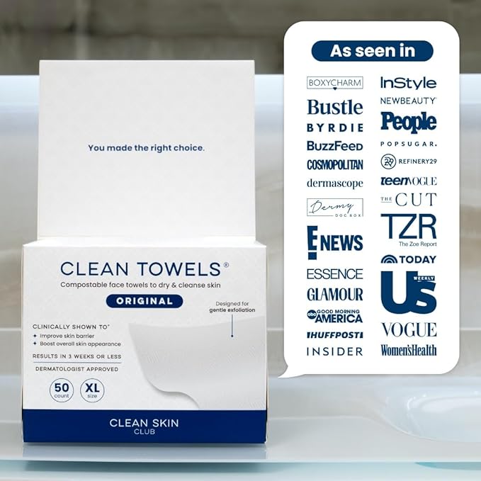 Clean Skin Club Clean Towels XL, 100% USDA Biobased Dermatologist Approved Face Towel, Disposable Clinically Tested Face Towelette, Facial Washcloth, Makeup Remover Dry Wipes, 100 ct, 2 pack-Velvo Beauty