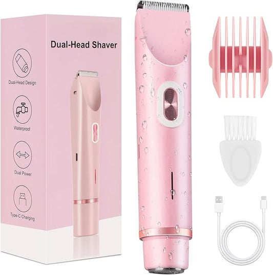 Dermave Bikini Shaver, Bikini Trimmer for Women, Glow Aura Electric Razor 2-in-1 Women's Body Shaver Dual Head Women's Trimmer for Leg Arm Body Grooming Tool (Pink)-Velvo Beauty