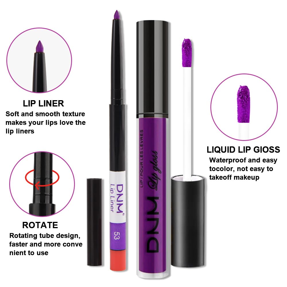 evpct 2Pcs Lavender Purple Matte Liquid Lipstick Lip Gloss Stain and Retractable Lip Liner Makeup Set for Women Long Lasting Waterproof 24 Hours Lipstick labial mate larga duracion 24 53#-Velvo Beauty
