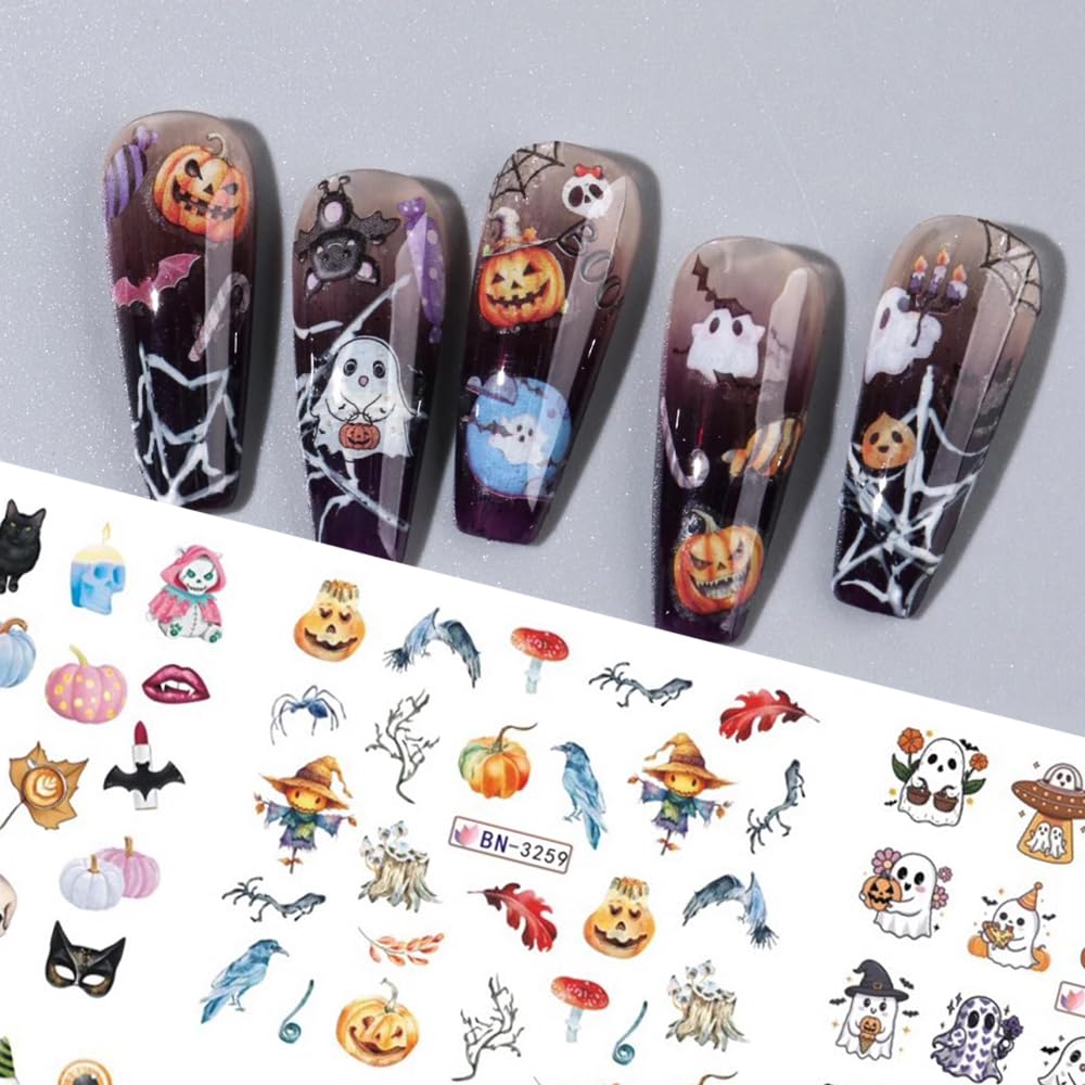 Halloween Nail Decals - Cute Cartoon Water Transfer Foil for Women - Pink Pumpkin Ghost Skeleton Witch Bat Designs - DIY Nail Art Decor - 12Pcs-Velvo Beauty