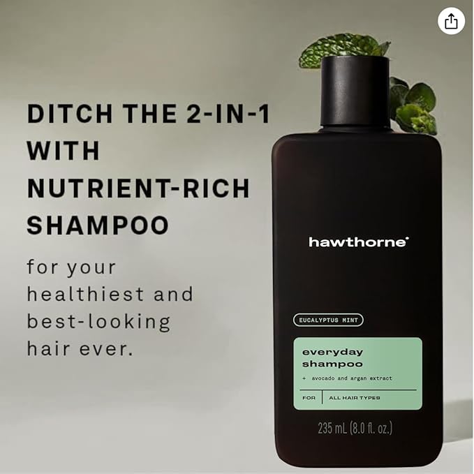 Hawthorne Men's Everyday Shampoo. For Stronger, Healthier Hair with Pure Avocado Oil and Coconut Oil. Mint and Eucalyptus Scent. Natural, Sulfate Free, Paraben Free. 8 fl. oz. 2-Pack.-Velvo Beauty