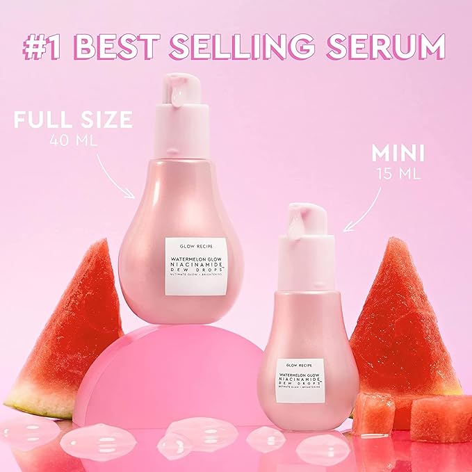 Glow Recipe Watermelon Niacinamide Dew Drops, Travel Size - Brightening, Plumping Hydrating Face Serum, Makeup Primer + Liquid Highlighter with Hyaluronic Acid - Dewy & Glowing Korean Skin Care (15ml)-Velvo Beauty