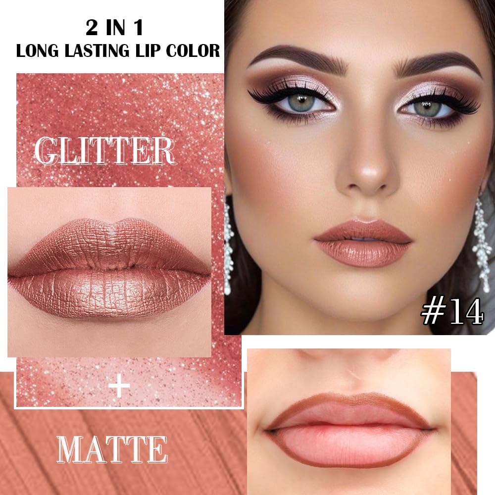 Kaely 2-in-1 Bronze Gold Metallic Lipstick and Lip Liner, Shimmer Liquid Metallic Lipsticks for Women, Glitter Lip Gloss Stain Long Lasting Waterproof Smudge Proof 24 Hour, Vegan Makeup, 14-Velvo Beauty