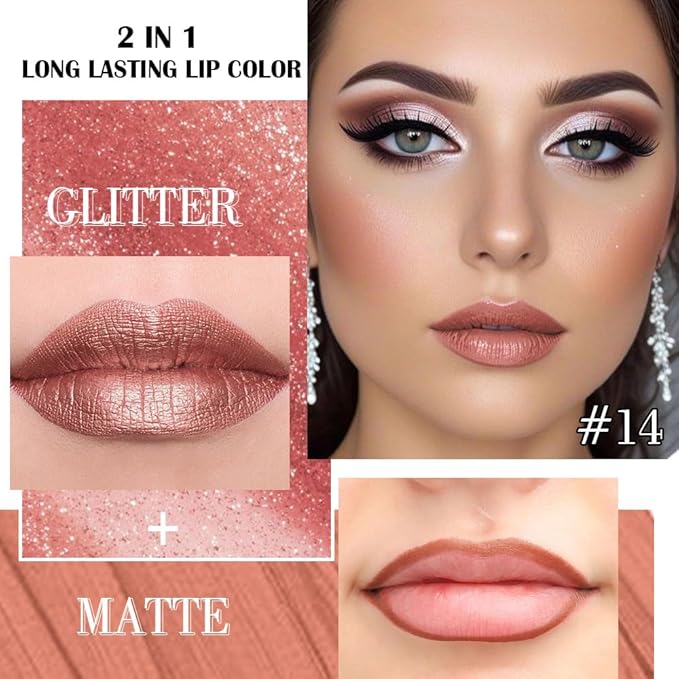 evpct Bronze Gold Metallic Glitter Lip Liner and Lipstick Combo Lip Gloss Stain Set Makeup for Women Long Lasting Waterproof 24, Rose Gold Metallic Shimmer Frosted Iridescent Glossy Liquid Lipstick 14-Velvo Beauty