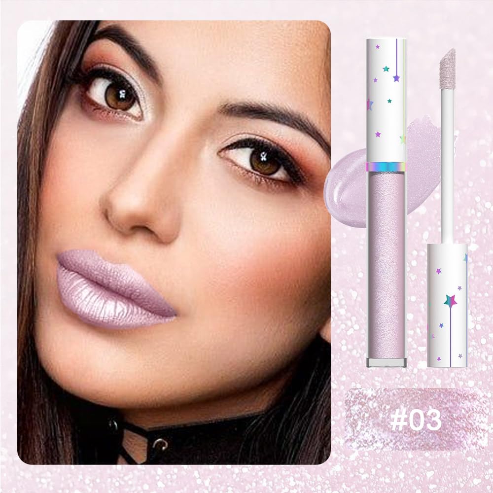evpct 1Pcs Light Purple Glitter Metallic Lip Gloss Stain Lipstick for Women Long Lasting Waterproof 24, Light Voilet Purple Frosted Metallic Shimmer Chrome iridescent Liquid Lipstick Lip Gloss Makeup-Velvo Beauty