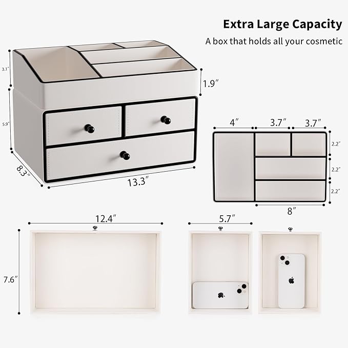GORESE Leather Makeup Organizer with Drawers for Vanity, Stackable Skincare Holder Dresser Organizer Countertop, Make Up Storage Organizers Counter Cosmetic Display Case Gifts for Women(Cream White)-Velvo Beauty