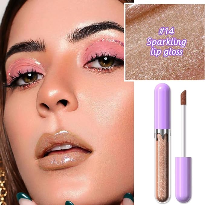 Glitter Liquid Lip Gloss,Bronze Shimmer Lipstick, Waterproof Shimmer Lip Stain Lip Glaze, High Shine Long Lasting Shiny Lip Color Makeup 14#-Velvo Beauty