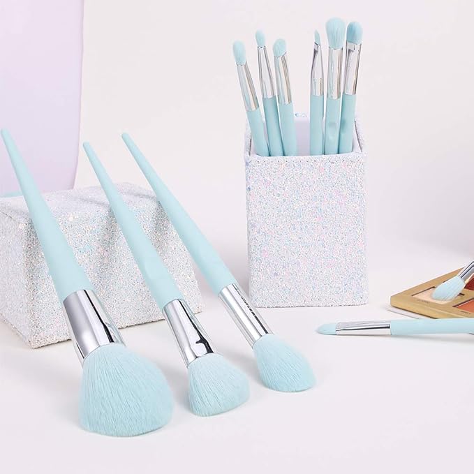 DUcare Makeup Brushes with Holder - 10Pcs Professional Synthetic Make Up Brushes Set for Blush Concealer Foundation Bronzer Powder Eyebrow Contour Eyeshadow Blending Makeup Brush Set, Ice Lake Blue-Velvo Beauty
