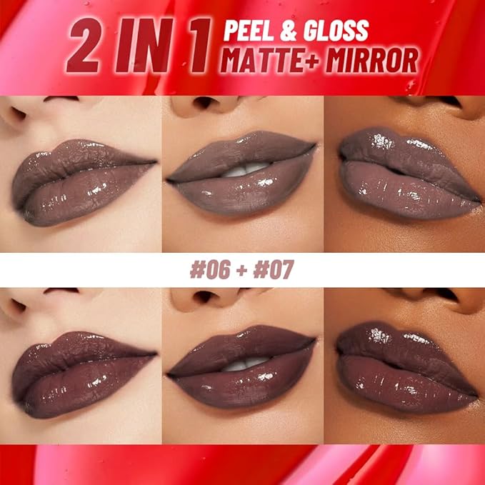 2Pcs Lip Stain Peel Off Lip Gloss oil Dual-Ended Combo, Lips Liner Stain Peel Off Masque, Long Lasting & Waterproof, Transfer-Proof Lip Tint Stain with Lip oil for All Skin Type 06#+07#-Velvo Beauty