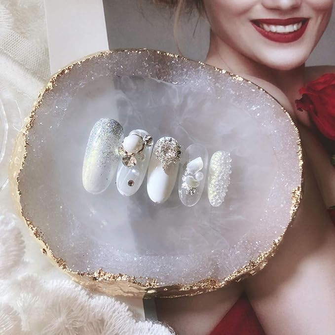 MISUD Resin Nail Art Palette, Nail Polish Drawing Color Dish Golden Edge Resin Stone Paint Drawing Color Dish Manicure Nail DIY Tool (White)-Velvo Beauty