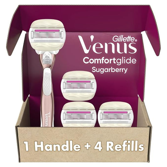 Gillette Venus Comfortglide plus Olay Sugarberry Women's Razor with Rose Gold Metal Handle + 4 Blade Refills-Velvo Beauty