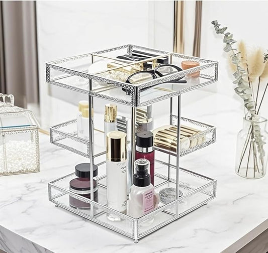 Hersoo 360 Degree Rotation Cosmetic Organizer -Premium Makeup Storage with Spin Base,Antique Countertop Cosmetic Storage,Large Capacity,Beauty Display for Countertop,Vanity or Bathroom (silver)-Velvo Beauty