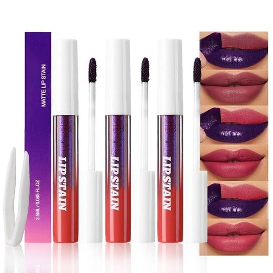 evpct 3Pcs Maroon Mauve Vivid Red Peel Off Lip Stain Tints, Matte Liquid Lipstick Lip Stain Long Lasting Waterproof for Women, Longwear Lipstick Peel Off Highly Pigmented Smudge-proof Easy to Apply-Velvo Beauty