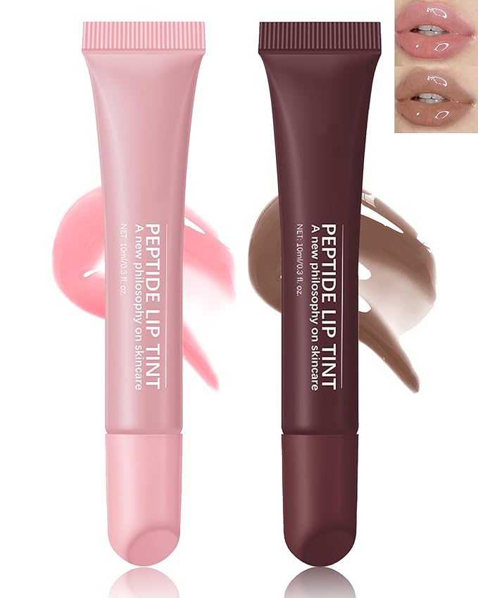 Tinted Lip Balm-2Pcs Pink Brown Peptide Hydrating Lip Tint Moisturizer,Jelly Glossier Lip Treatment Balm,Non-Stick Glow Reviver Lip Care Oil,Yummy Glowy Lip Gloss,Thanksgiving Makeup for Women-01+03-Velvo Beauty