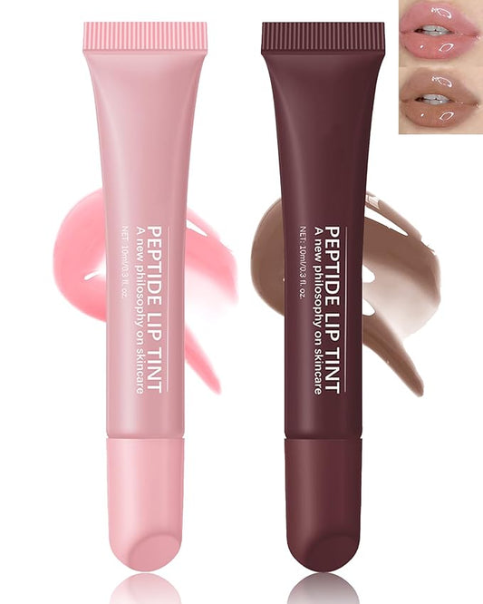 Tinted Lip Balm-2Pcs Pink Brown Peptide Hydrating Lip Tint Moisturizer,Jelly Glossier Lip Treatment Balm,Non-Stick Glow Reviver Lip Care Oil,Yummy Glowy Lip Gloss,Thanksgiving Makeup for Women-01+03-Velvo Beauty