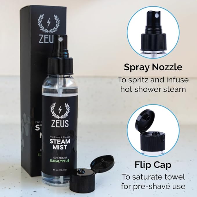 ZEUS 100% Natural Eucalyptus Oil Steam Mist, Aromatherapy Spray for Shower, Sauna, Bath & Pre-Shave, Nasal Relief & Spa-Inspired Refreshment (Made in USA) 4 oz.-Velvo Beauty