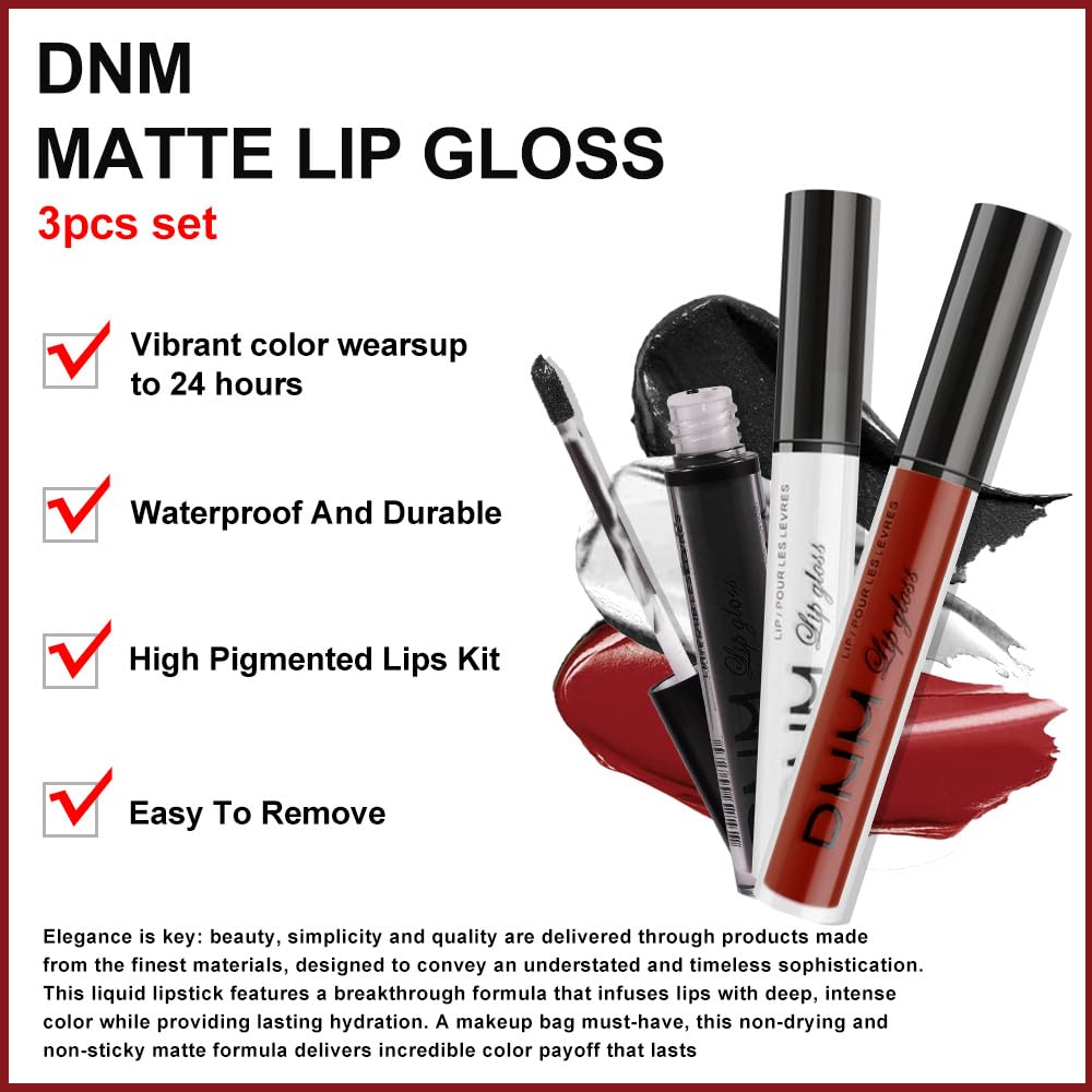 evpct 3Pcs Dark Black White Red Matte Liquid Lipstick Lip Stain Sets for Women Matte+Lipstick Long Lasting Permanent 24 hr Hours Magic Lipstick 24 Hours original Waterproof 17#-Velvo Beauty
