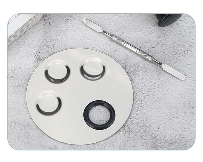 1 Set Round Stainless Steel 3-Well Cosmetic Makeup Palette with Spatula Cosmetic Artist Palette Mixing Palette with Spatula Nail Art Eye Shadow Lipsticks Mixing Makeup Tools, Silver-Velvo Beauty