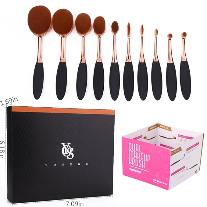 Yoseng Makeup Brushes Set 10Pcs Professional Oval Toothbrush Foundation Cream Contour Powder Blush Conceler Eyeliner Blending Brush New Fashionable Super Soft Cosmetic Brushes Tool with Box(Rose Gold)-Velvo Beauty