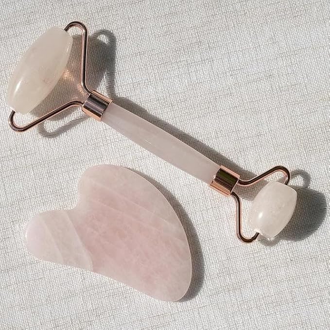 Rose Quartz Roller and Gua sha Set | Reduces Wrinkles, Fine lines and Dark Circles | Pink Jade Roller | Anti-aging Massager for Skin Toning and Tightening for Face, Eyes, Neck-Velvo Beauty