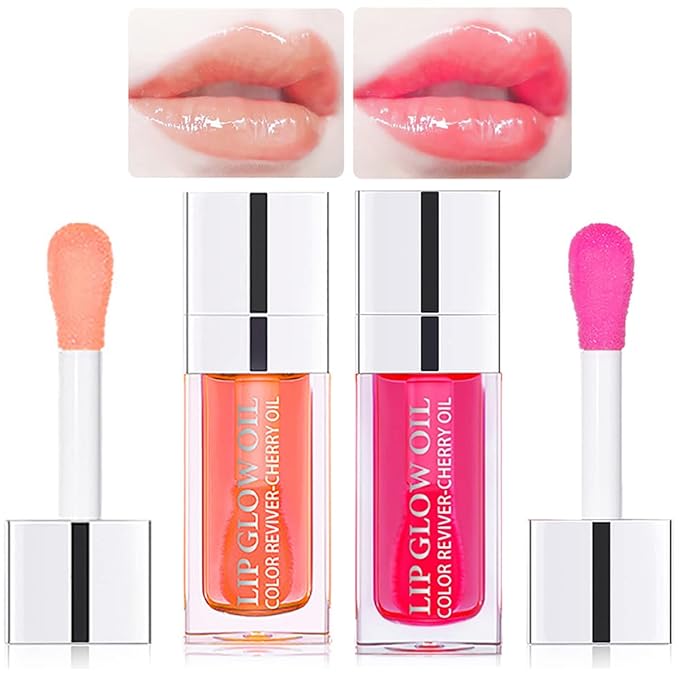 2 Set Lip Oil Hydrating Tinted Lip Balm, Plump Lip Gloss Lip Care Transparent Toot Lip Oil Tinted, Fresh Texture & Non-sticky, Nourishing Repairing Lightening Lip Lines Lip Care Products (Pink / Cherry)-Velvo Beauty