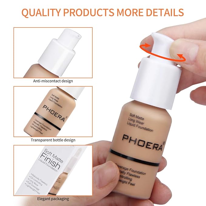 PHOERA Foundation Makeup Naturally Liquid Foundation Full Coverage Mattle Oil-Control Concealer 8 Colors Optional,Great Choice For Gift (#103 Warm Peach,30ml)-Velvo Beauty