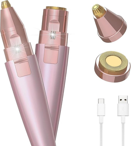 Eyebrow Razor & Facial Hair Removal for Women (2 in 1, USB Rechargeable), 100% Painless Hair Removal, Eyebrow Trimmer and Hair Remover Kit with Light for Eyebrow, Face Peach Fuzz, Lips, Body (Pink)-Velvo Beauty