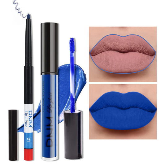 evpct 2Pcs Royal Light Blue Matte Liquid Lipstick and Lip Liner Pencil Makeup Set Blue Lipstick 24H and with Lip Liner Set Waterproof Long Lasting labiales mate 24 horas originales 21#-Velvo Beauty