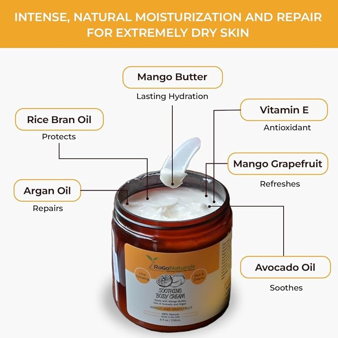 RaGaNaturals Natural Mango Butter Body Cream for Dry Skin for Women, Men - Tropical Plant-Based Hydrating Moisturizer with Avocado Oil and Vitamin E - Non-Greasy, Vegan, Cruelty-Free, Smell Good -8 Oz-Velvo Beauty
