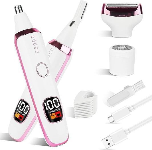 2025 Rechargeable Nose and Ear Hair Trimmer With LED Dispaly for Women Men,4 in 1 Painless Eyebrow & Facial Hair Trimmer with Powerful Motor,Ladies Wet & Dry Electric Razor for Travel (Pink)-Velvo Beauty