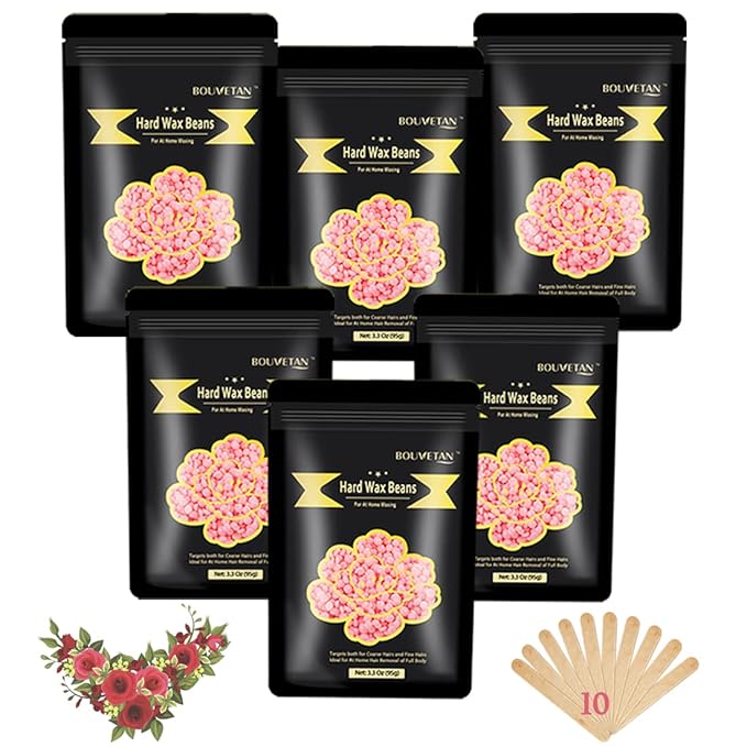 Hard Wax Beads 1.3Lb/21oz for Brazilian, Eyebrow, Bikini, Face, Arms, and Legs Waxing - 6 Packs with 10 Wax Spatulas for Women and Men-Velvo Beauty