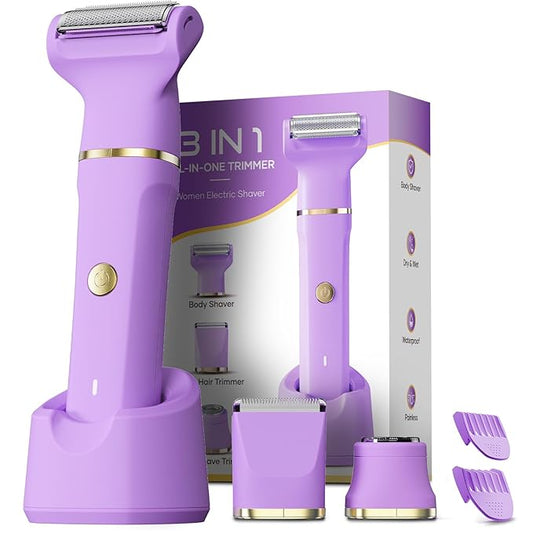 Bikini Trimmer 3 in 1 Electric Razor for Women - IPX7 Waterproof Wet & Dry Body Shaver, Pubic & Facial Hair Remover with Ceramic Blade, USB Rechargeable Dock & Gift Ready-Velvo Beauty