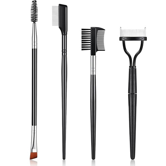 Skyley 4 Pieces Eyebrow Brush Eyelash Separator Brow Comb and Lash Spoolie Professional Eye Makeup Tools Metal Folding Lash Comb Black Double Head Eyelash Brush-Velvo Beauty