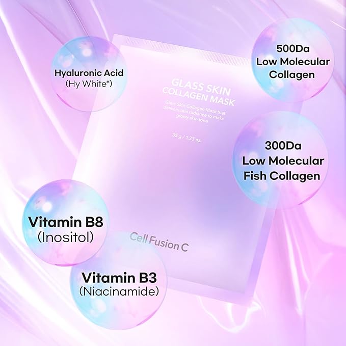 Cell Fusion C Glass Skin Collagen Mask, 1.23 oz. x 5 Sheets, Overnight Hydrogel Mask with Triple Collagen & Niacinamide, Hydrating and Plumping, Korean Skincare-Velvo Beauty