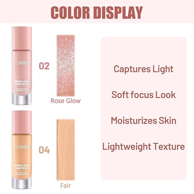 UCANBE 2PCS Halo Glow Liquid Filter, Rose Glow 0.91OZ + Fair Glow 0.91OZ, Face Complexion Booster For Radiant Skin All Day Longwear, Soft-Focus Look Sodium Hyaluronate Vegan & Cruelty-Free-Velvo Beauty