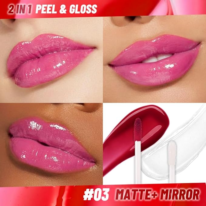 Lip Stain Peel Off Lip Gloss oil Dual-Ended Combo, Raspberry Peach Lips Liner Stain Peel Off Tattoo, Long Lasting & Waterproof, Transfer-Proof Lip Tint Stain with Lip oil for All Skin Type 03#-Velvo Beauty
