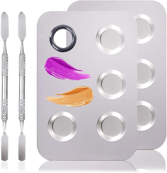 4 in 2 Set Makeup Mixing Palette, Makeup Palette for Foundation, Makeup Mixing Tray, Stainless Steel Mixing Tray with Spatula for Mixing Foundation Eye Shadow Nail Art, Makeup Foundation Mixing Tray-Velvo Beauty