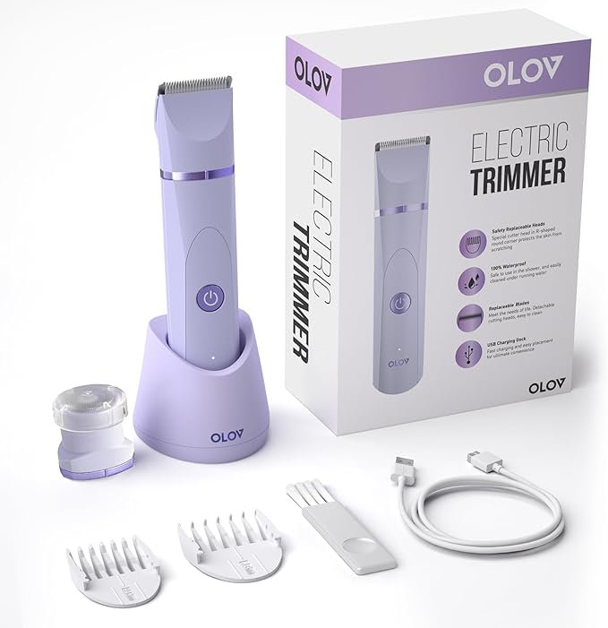 OLOV Electric Body Hair Trimmer - Groin Trimmer for Men - Bikini Trimmer Women - Wet/Dry Shaver Groomer, Replaceable Ceramic Blade Heads, USB Recharge Dock, Waterproof Hygiene Razor,Purple-Velvo Beauty