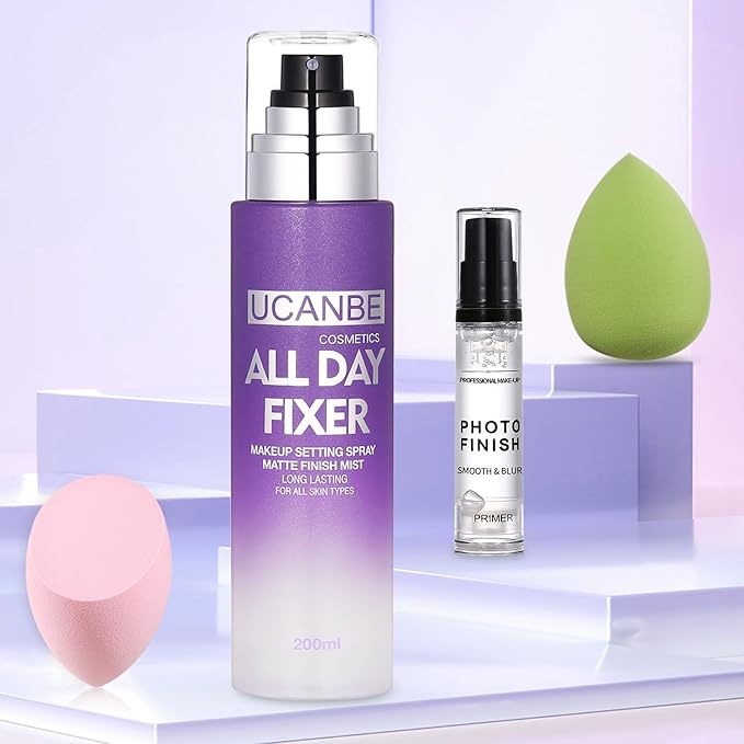 UCANBE Makeup Setting Spray + Face Primer + Make Up Sponge, Gel-Based Hydrating Primer, Lightweight, Long Lasting Matte Finishing Spray,Beauty Blender Set-Velvo Beauty