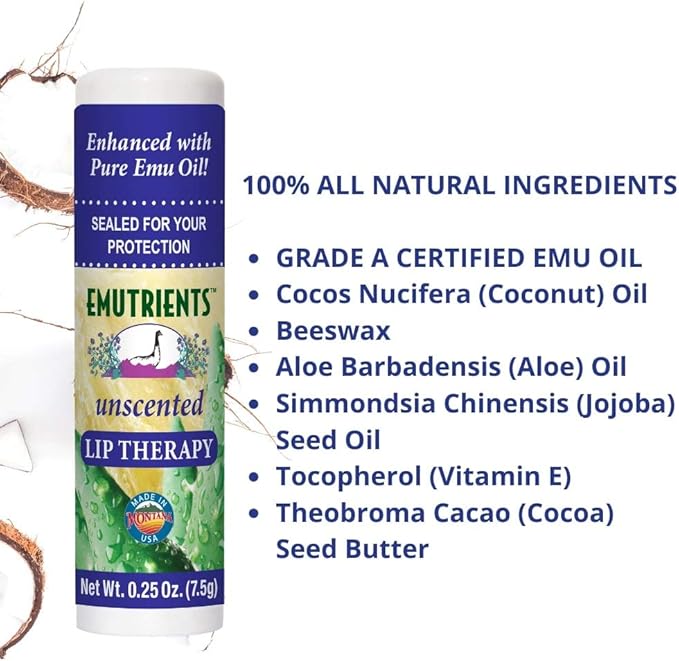 Montana Emu Ranch - Lip Therapy Lip Balm - 0.25 Ounce - Unscented - 3 Pack - Made with Pure Emu Oil-Velvo Beauty