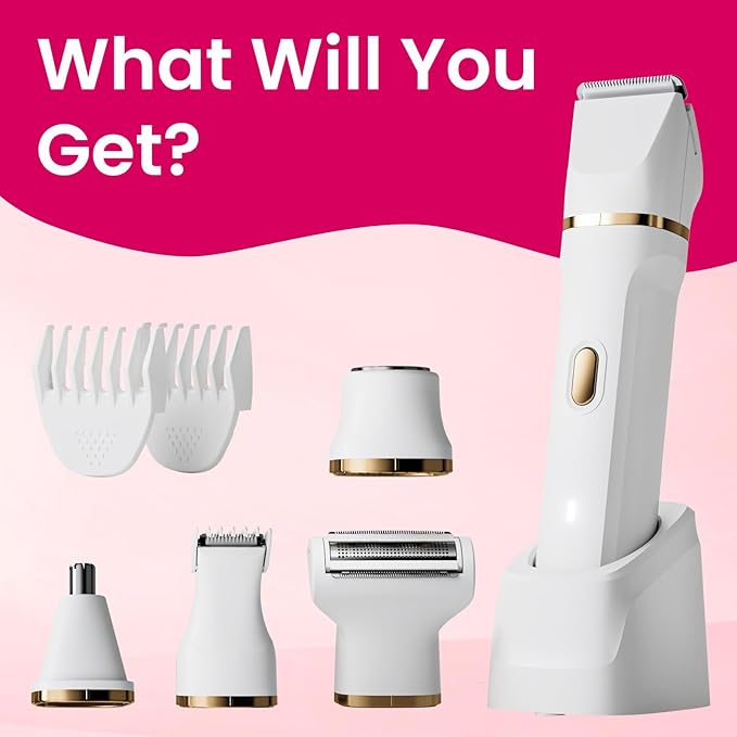 Electric Razors for Women, 5-in-1 Wet/Dry Bikini Trimmer with USB Charge Dock, Deluxe Facial Hair Removal, Wet/Dry Body Shaver for Nose Eyebrows Beard Underarm Leg Arm, IPX7 Waterproof (White)-Velvo Beauty