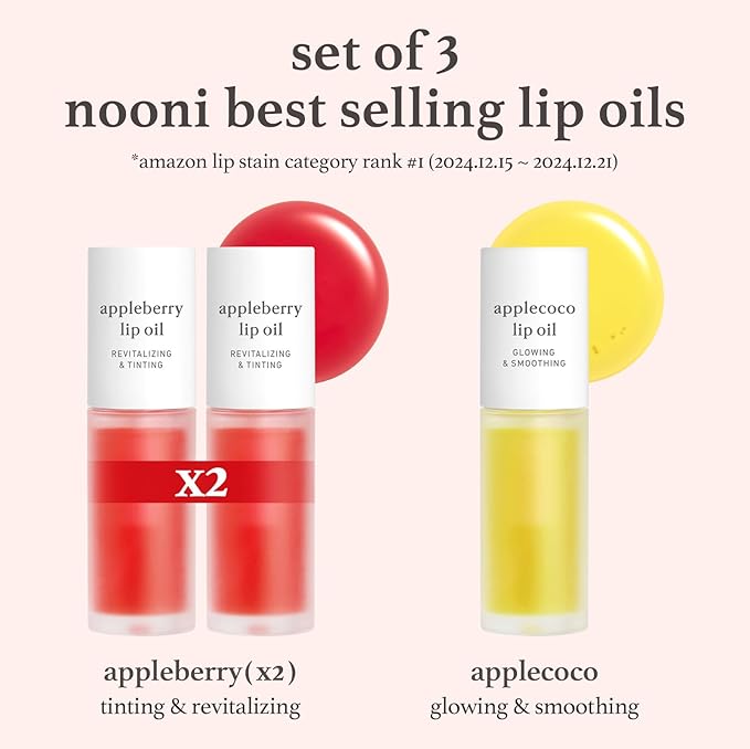 NOONI Korean Lip Oil Gift Set - Appleseed Lip Oil Trio, Tinted Lip Care, Hydrating, Lip Plumping, Long Lasting Moisture, Korean Vegan Makeup for Women, 0.12 Fl Oz x 3ea-Velvo Beauty